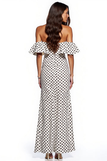 Sheath Off The Shoulder White Black Polka Dots Maxi Dress With Slit